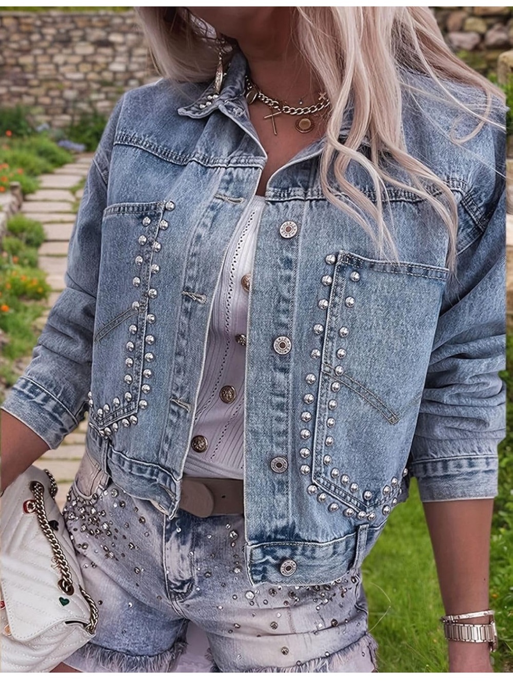 Light Wash Denim Jacket studded jean blazer long sleeve - Picture 2 of 6